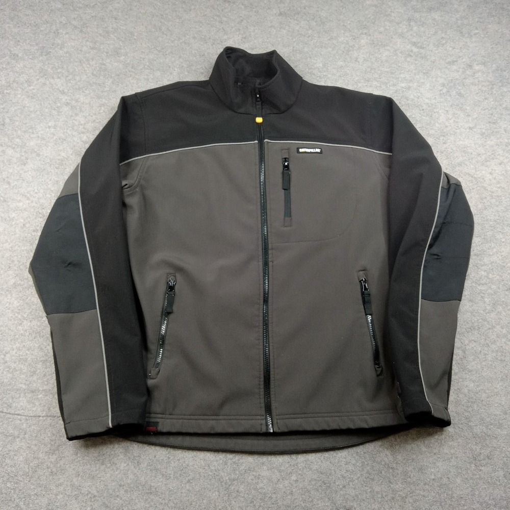 CAT Jacket Mens Medium Gray Black Softshell Fleece Lined Full Zip Workwear